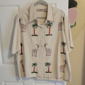 New Directions Button Down Shirt w Giraffe, Palm Tree Embroidery & Sequins